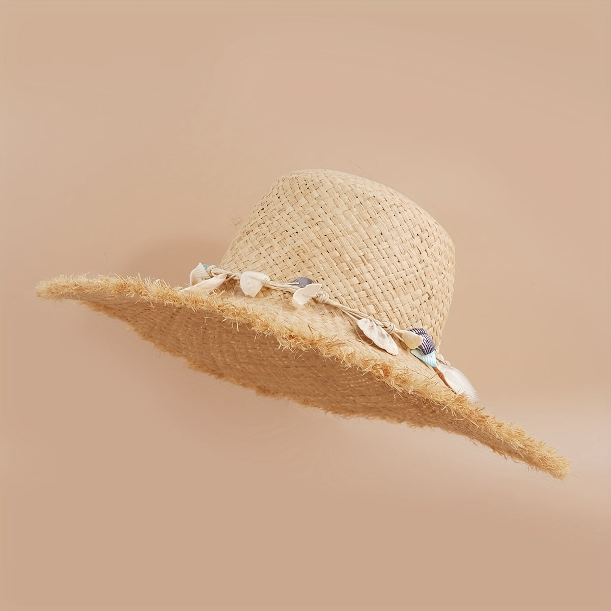 Frayed Brim Sun Hat with Shell Chain Decor - Summer Straw Hat