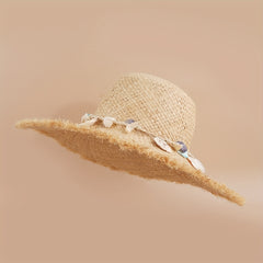 Frayed Brim Sun Hat with Shell Chain Decor - Summer Straw Hat