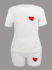 Heart Print Two Piece Set Short Sleeve T shirt & Sporty Short