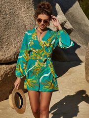Floral Print Surplice Neck Romper Jumpsuit Long Sleeve Belted