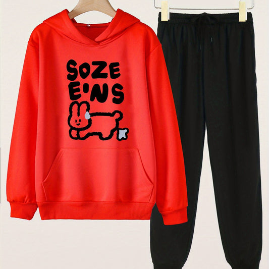 Bunny & Letter Print Hooded Outfit for Girls - Hoodie & Pants Set
