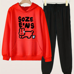 Bunny & Letter Print Hooded Outfit for Girls - Hoodie & Pants Set