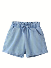 Girls Casual Bow Pockets Frill Trim Denim Shorts Kids Summer Clothes