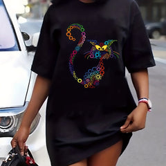 Cat Print Short Sleeve Tee Dress