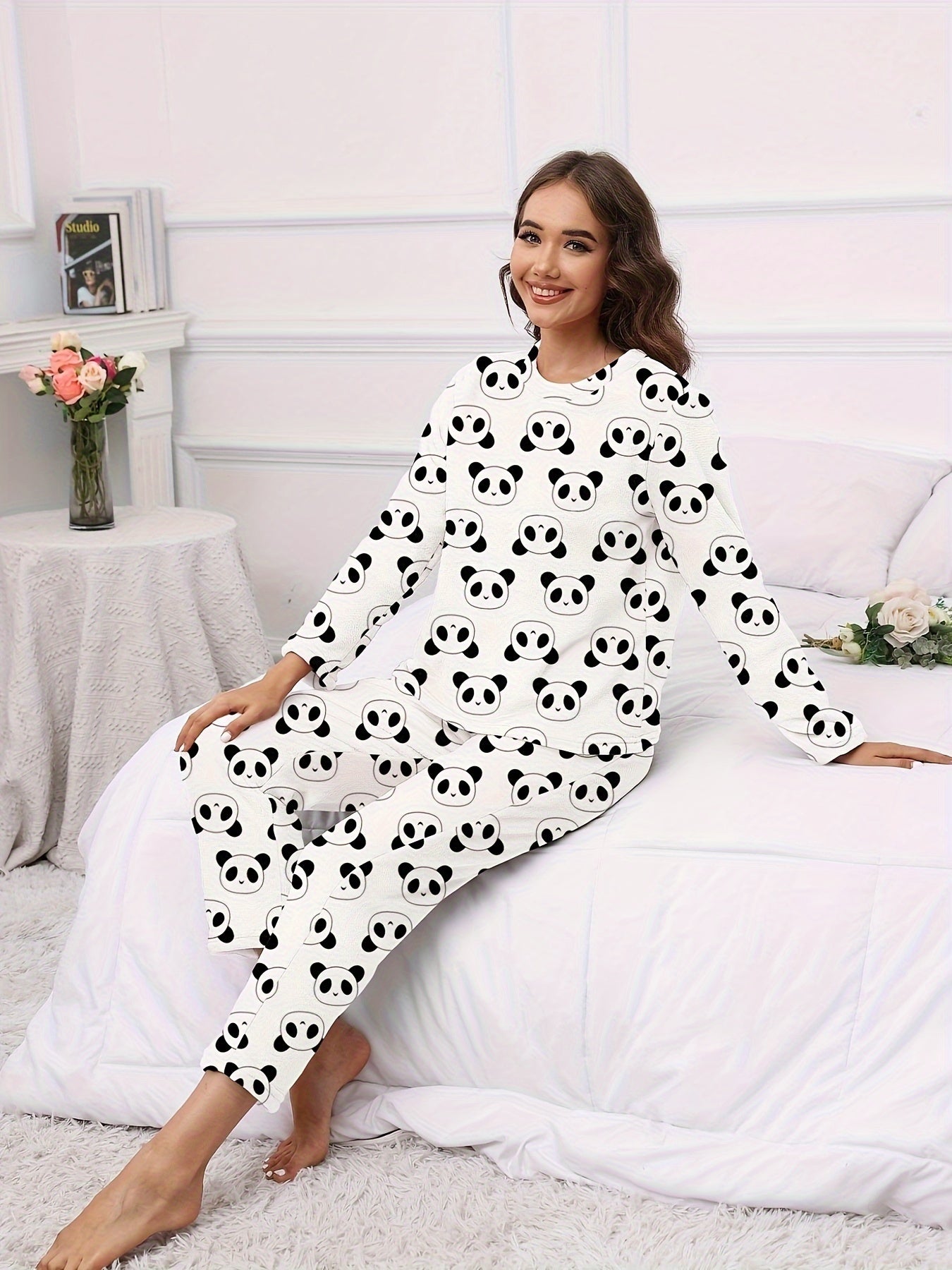 Panda Print Pajama Set Long Sleeve Top & Elastic Waistband Pants