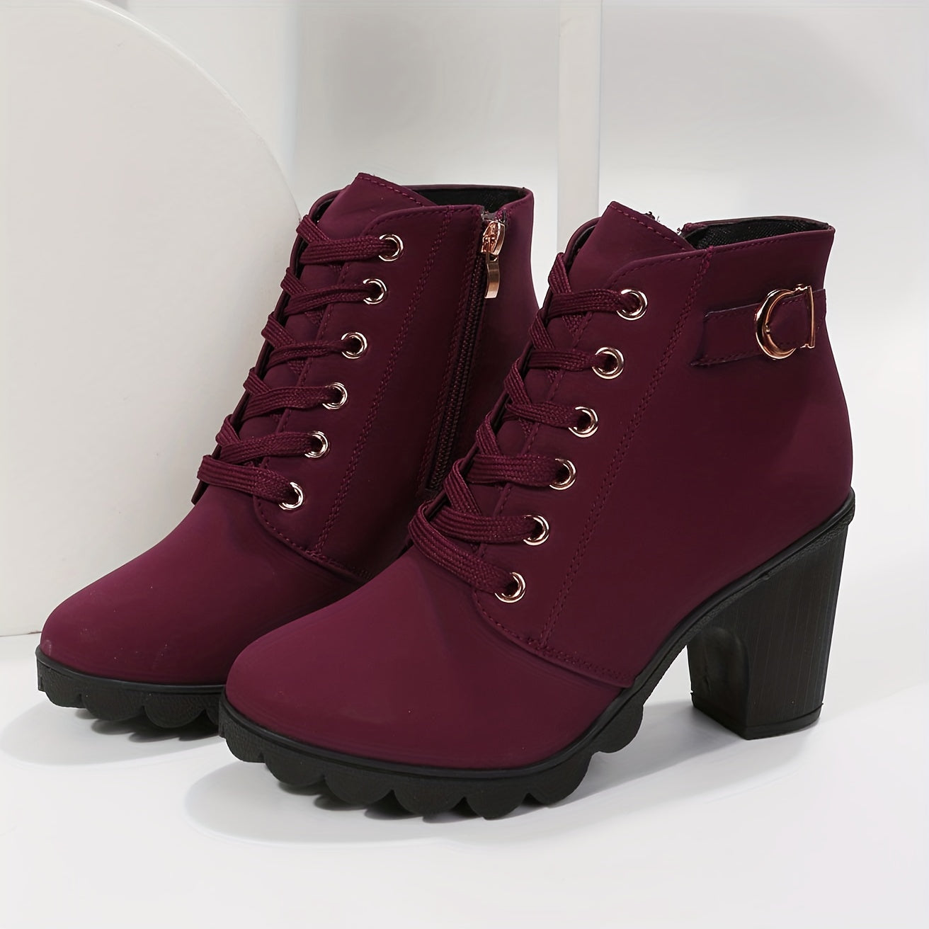 Women's Chunky Heel Short Boots Faux Leather Combat Boots