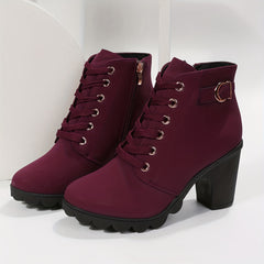 Women's Chunky Heel Short Boots Faux Leather Combat Boots