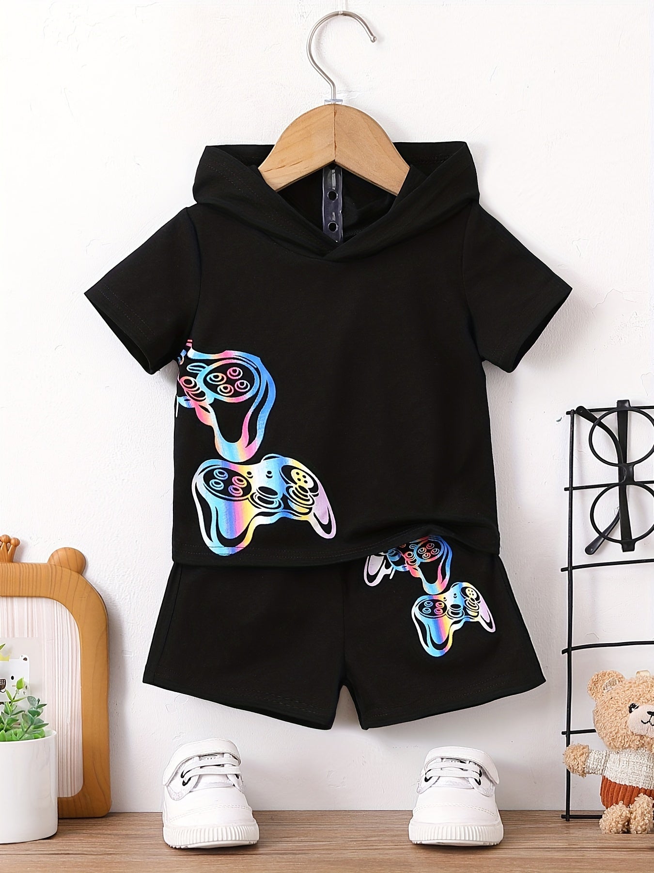 Baby Boys Gamepad Graphic Outfit Hooded T shirt & Shorts Set