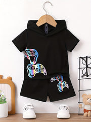 Baby Boys Gamepad Graphic Outfit Hooded T shirt & Shorts Set