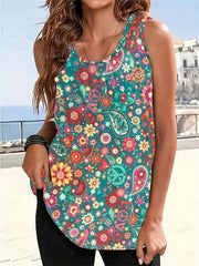Boho Tank Top Women's Plus Paisley Print Round Neck Medium Stretch