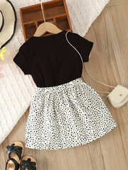 Toddler Girl's Kitty Print Tee & Dots Skirt Set