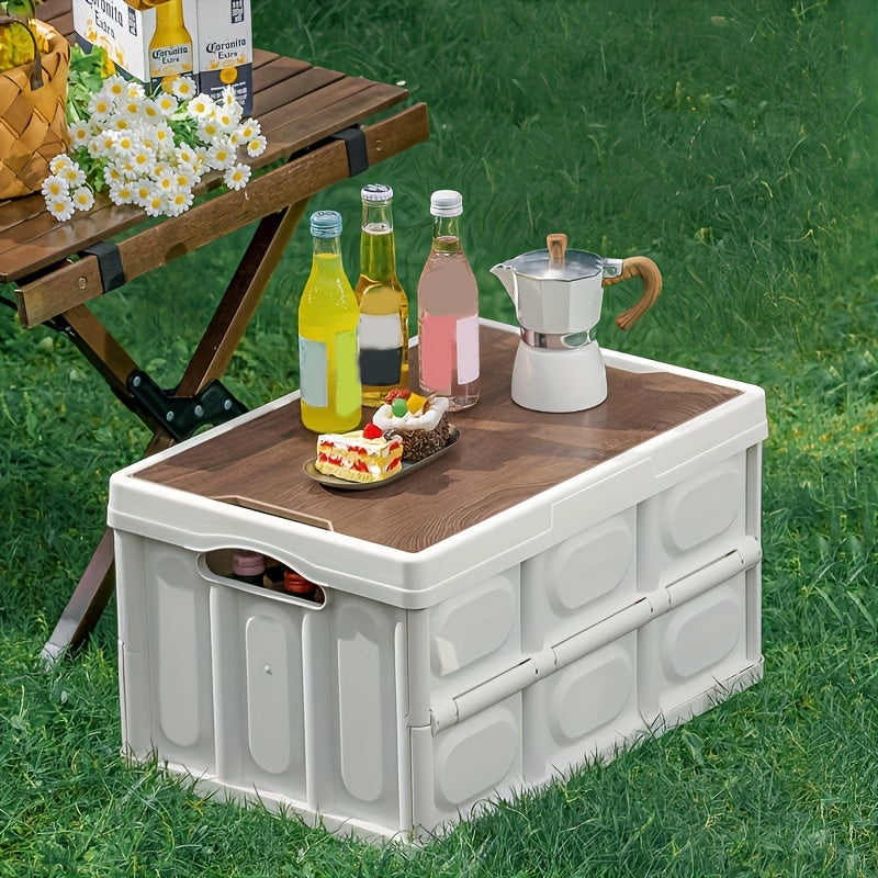 Outdoor Camping Folding Box Wooden Lid Large Capacity Storage Food Organizer