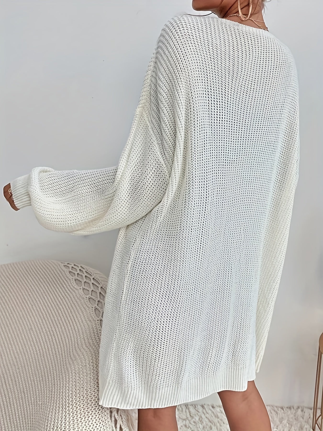 Plus Size Solid Ribbed Lantern Sleeve Open Front Knit Cardigan