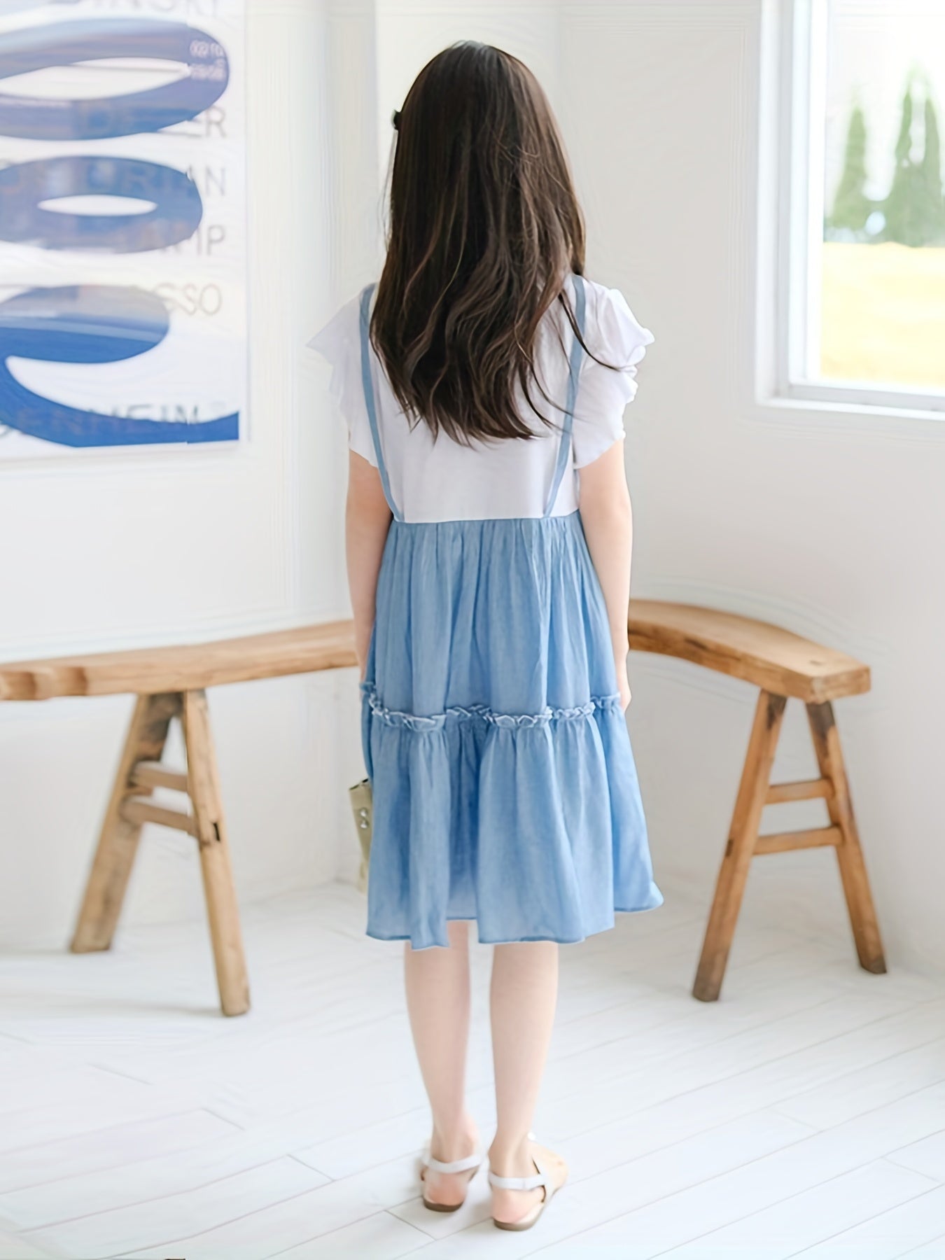Girl's Cotton Suspenders Skirt Butterfly Sleeves T Shirt Pleated Skirt