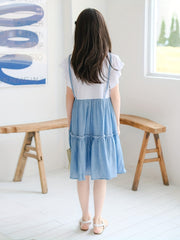Girl's Cotton Suspenders Skirt Butterfly Sleeves T Shirt Pleated Skirt
