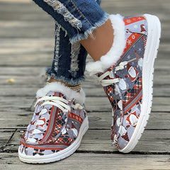 Women's Christmas Santa Print Snow Boots Winter Lace up Flats