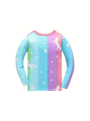 Girls 2pcs Pajamas Set Colorful Star Unicorn Print Round Neck Loungewear
