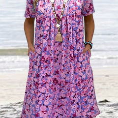 Allover Floral Print Short Sleeve Pleated Dress With Pockets