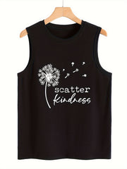 Dandelion & Letter Print Sleeveless Sports Vest Round Neck Casual Tops