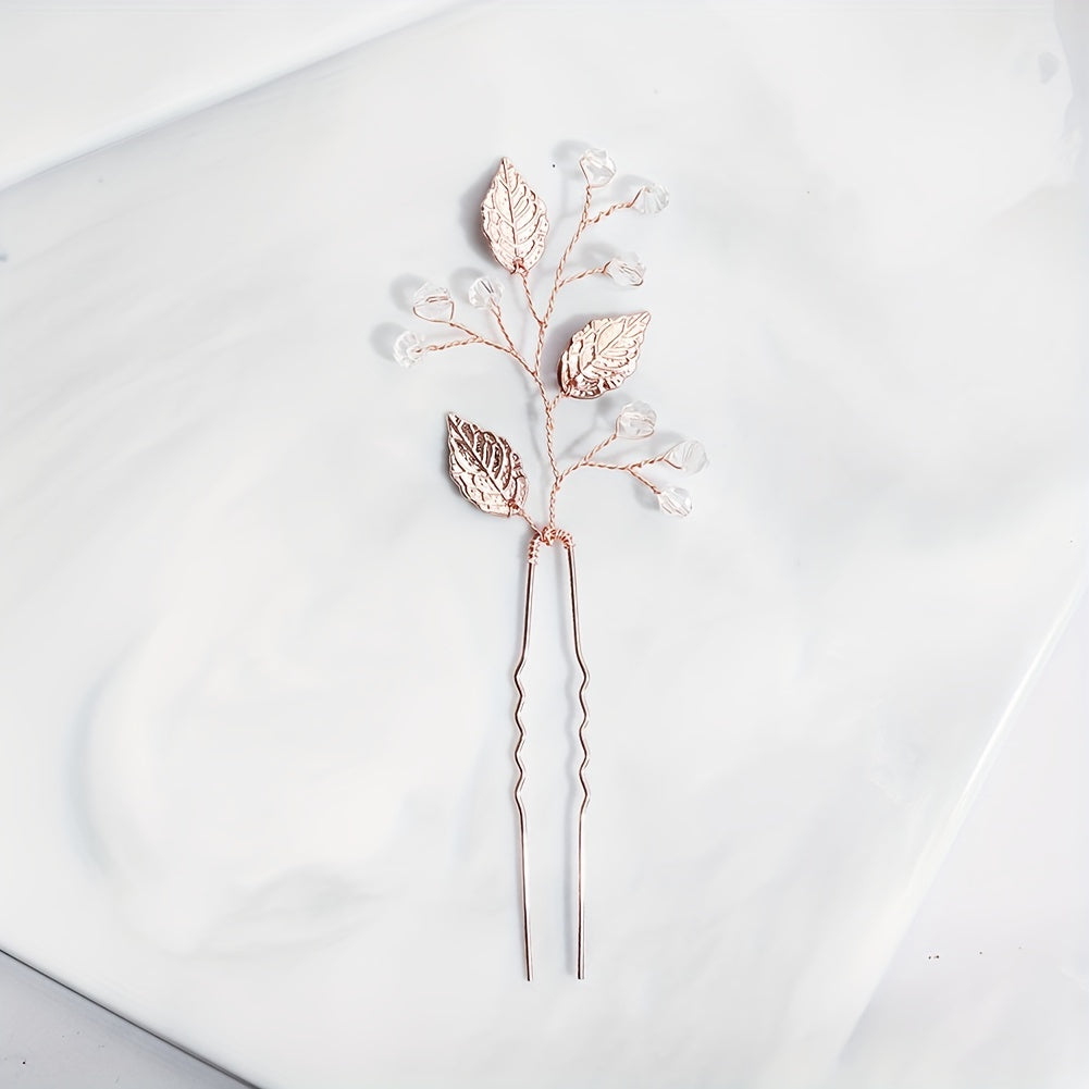 Alloy Leaves Faux Pearl Hairpin Wedding Dress U shaped Hair Headdress