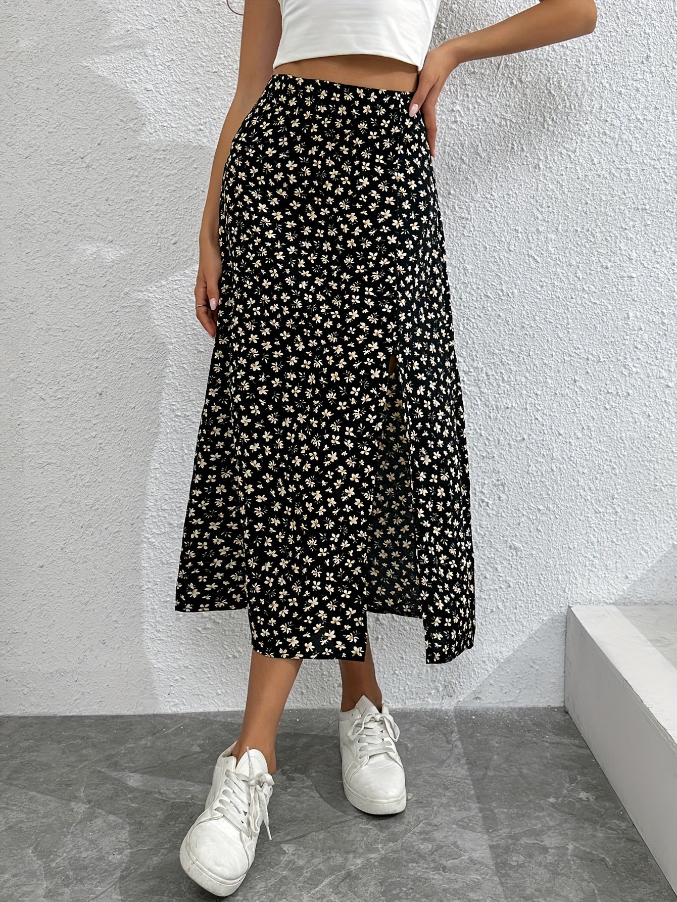 Floral Print Split Skirt High Waist