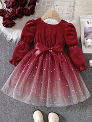 Girls' Christmas Velvet Princess Dress with Lace