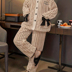 Bow Pajama Set Long Sleeve V Neck Button Top & Pants Sleepwear