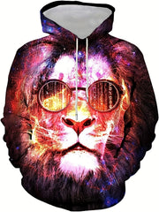 Lion Print Hoodies Men Graphic Sweatshirt Kangaroo Pocket Comfy Hooded Pullover
