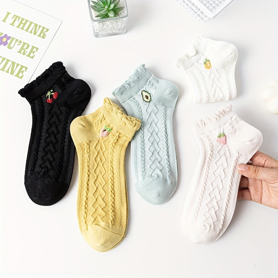 5 Pairs Fruit Print Ruffle Socks for Women