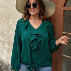 Ruffle Trim V Neck Knot Front Top