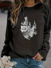 Castle Print Sweatshirt Crew Neck Long Sleeve Casual