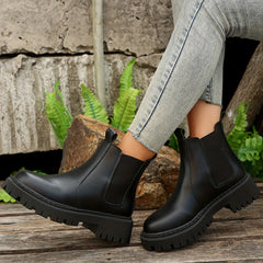 Women's Platform Chelsea Boots Round Toe Chunky Heeled Combat Shoes