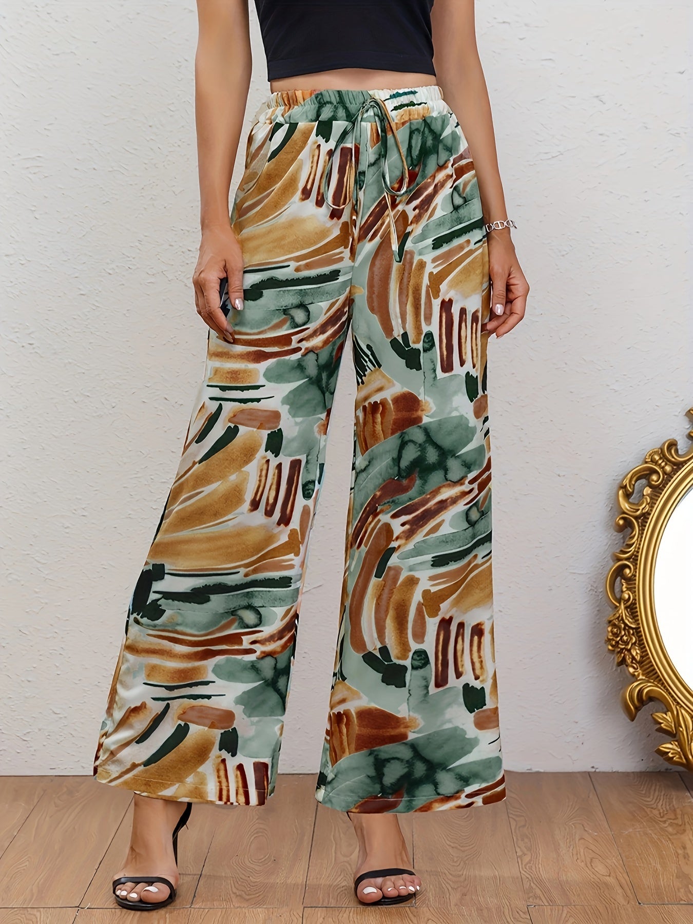 Abstract Print Wide Leg Pants Casual Drawstring Waist Random Print Pants