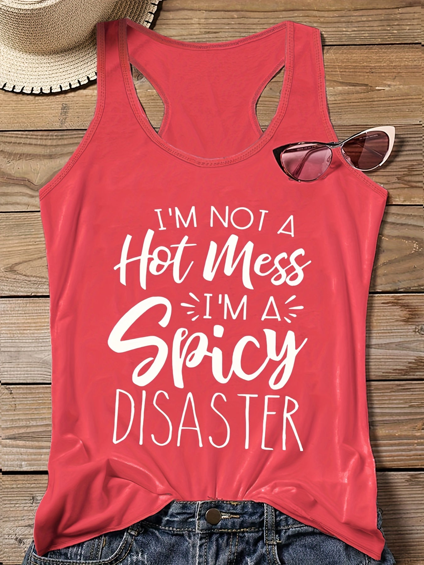 Slogan Print Round Neck Vest Top