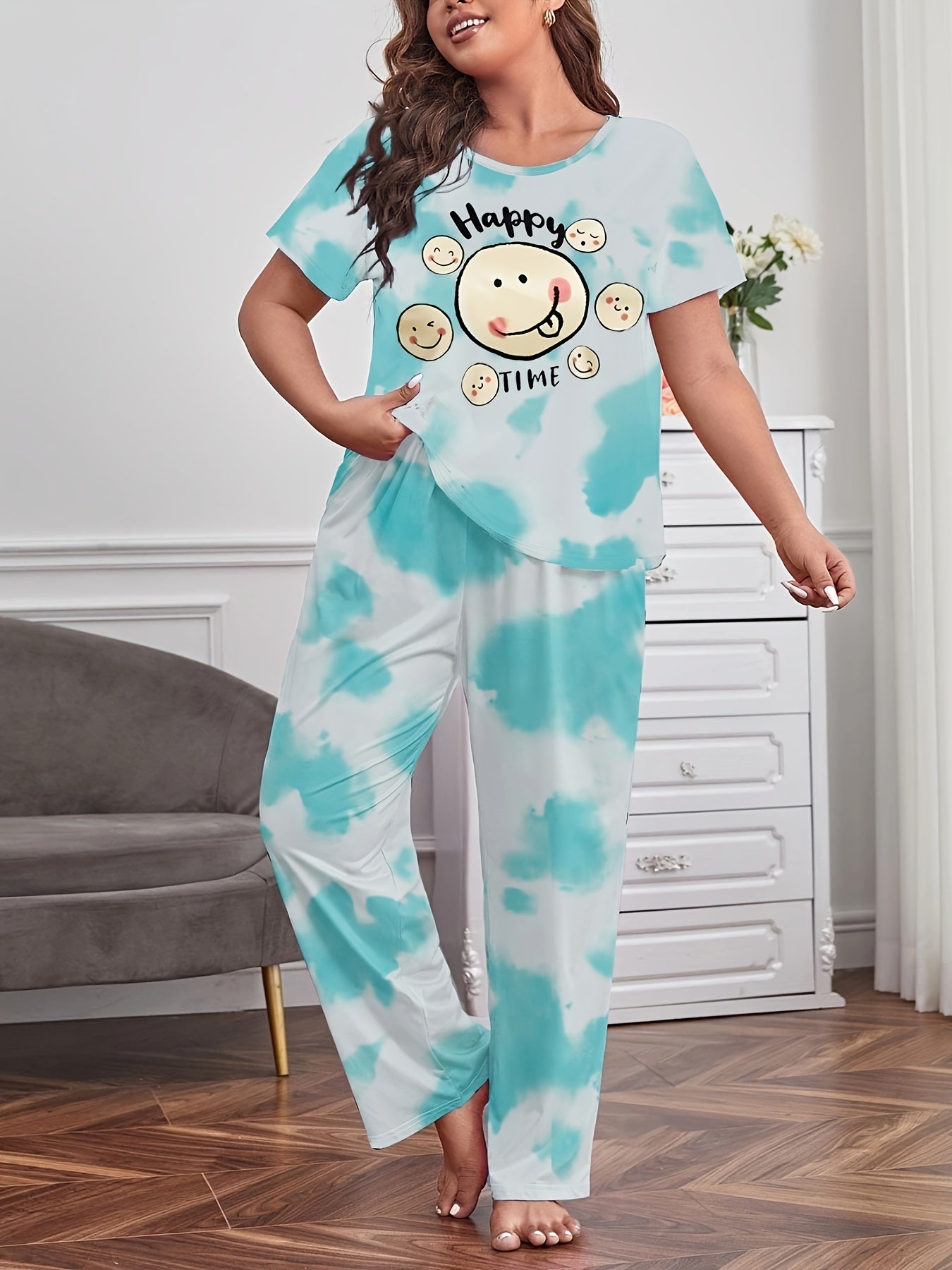Tie Dye & Cartoon Print Pajama Set