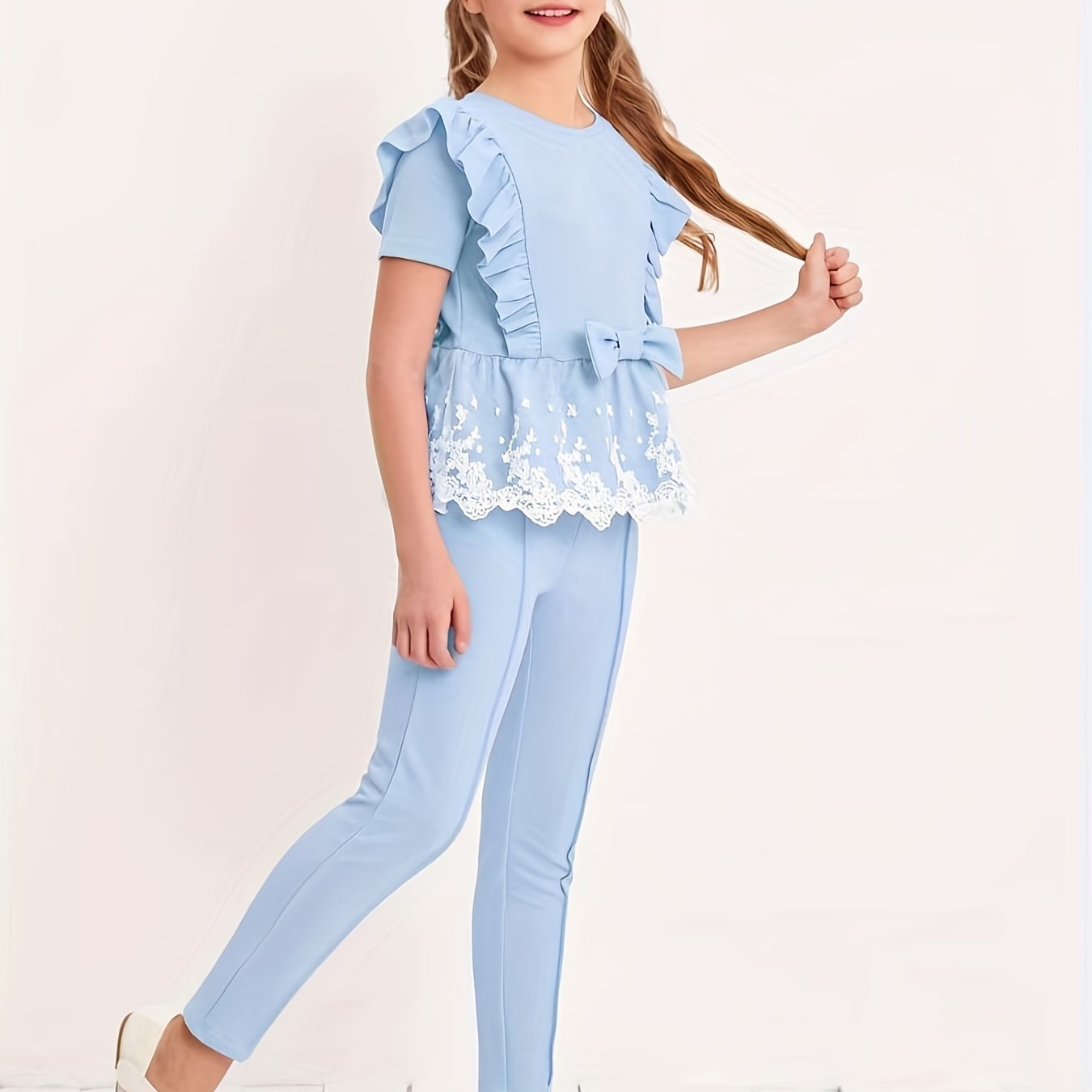 Kid Girls 2pcs Ruffle Trims Bow Short Sleeve T shirt Top Skinny Pants Set
