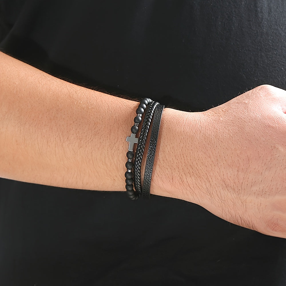 Men's Stone Stainless Steel Leather Cross Bracelet