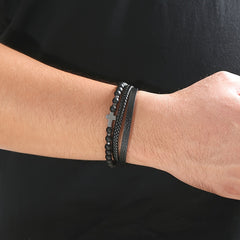 Men's Stone Stainless Steel Leather Cross Bracelet