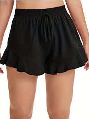 Solid Ruffle Trim High Rise Elastic Drawstring Loose Shorts