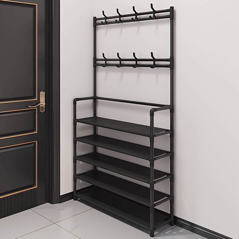Carbon Steel Coat Rack Foyer Shoe Rack with 4 Shelves & 8 Hooks