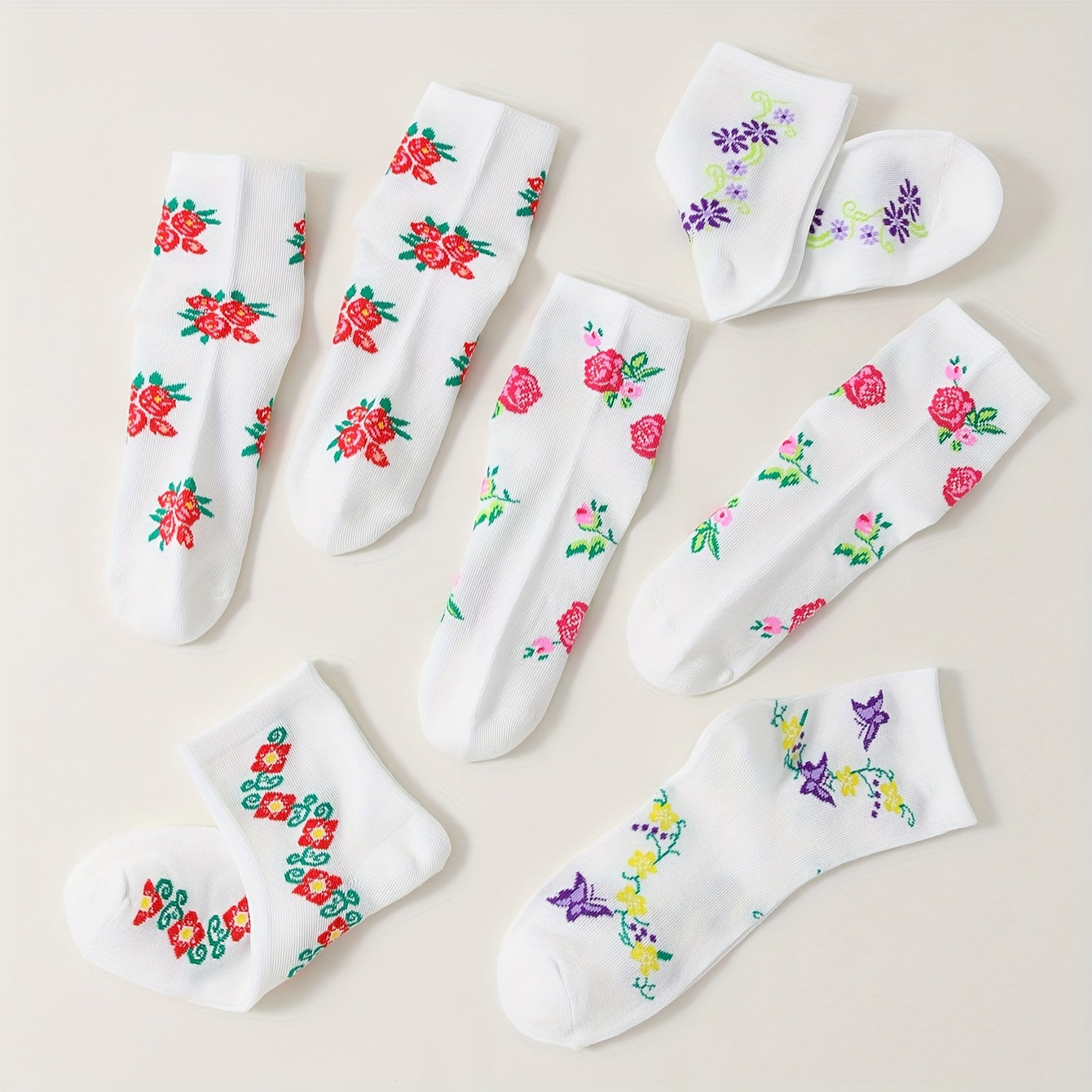 5 Pairs Floral Print Socks Mid Tube Women's Stockings