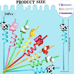 24pcs Farm Animal Plastic Straws & 2 Cleaning Brushes