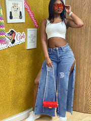 Split Denim Pants Wide Leg Loose Fit Jeans