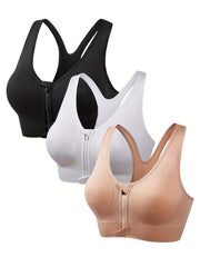 3 Pack Plus Size Front Zipper Padded Sports Bras Set