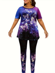 Loungewear Set Starry Sky & Butterfly Pattern Short Sleeve Top