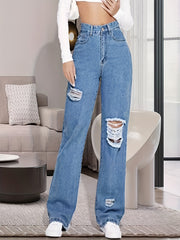 Ripped Distressed Loose Denim Pants Medium Wash Jeans