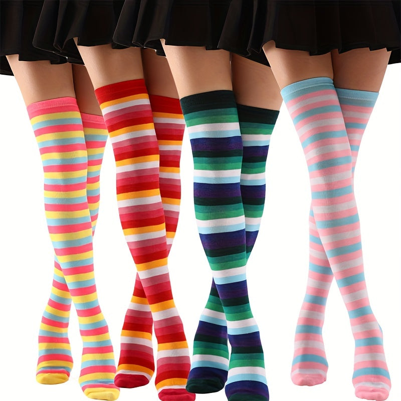 4 Pairs Striped Thigh High Socks Colorblock Over The Knee Socks