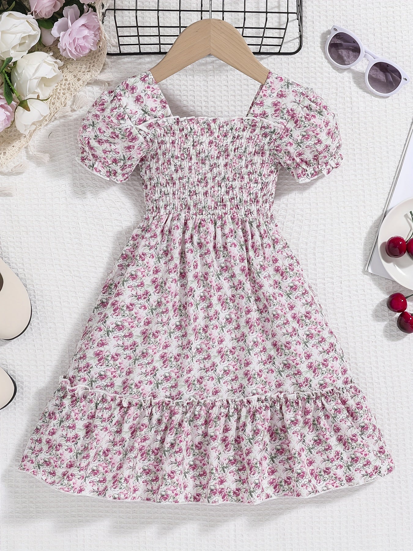Girls Boho Floral Shirred Casual Dress Comfy Square Neck Kids Summer Dress