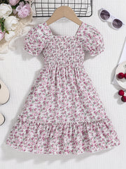 Girls Boho Floral Shirred Casual Dress Comfy Square Neck Kids Summer Dress