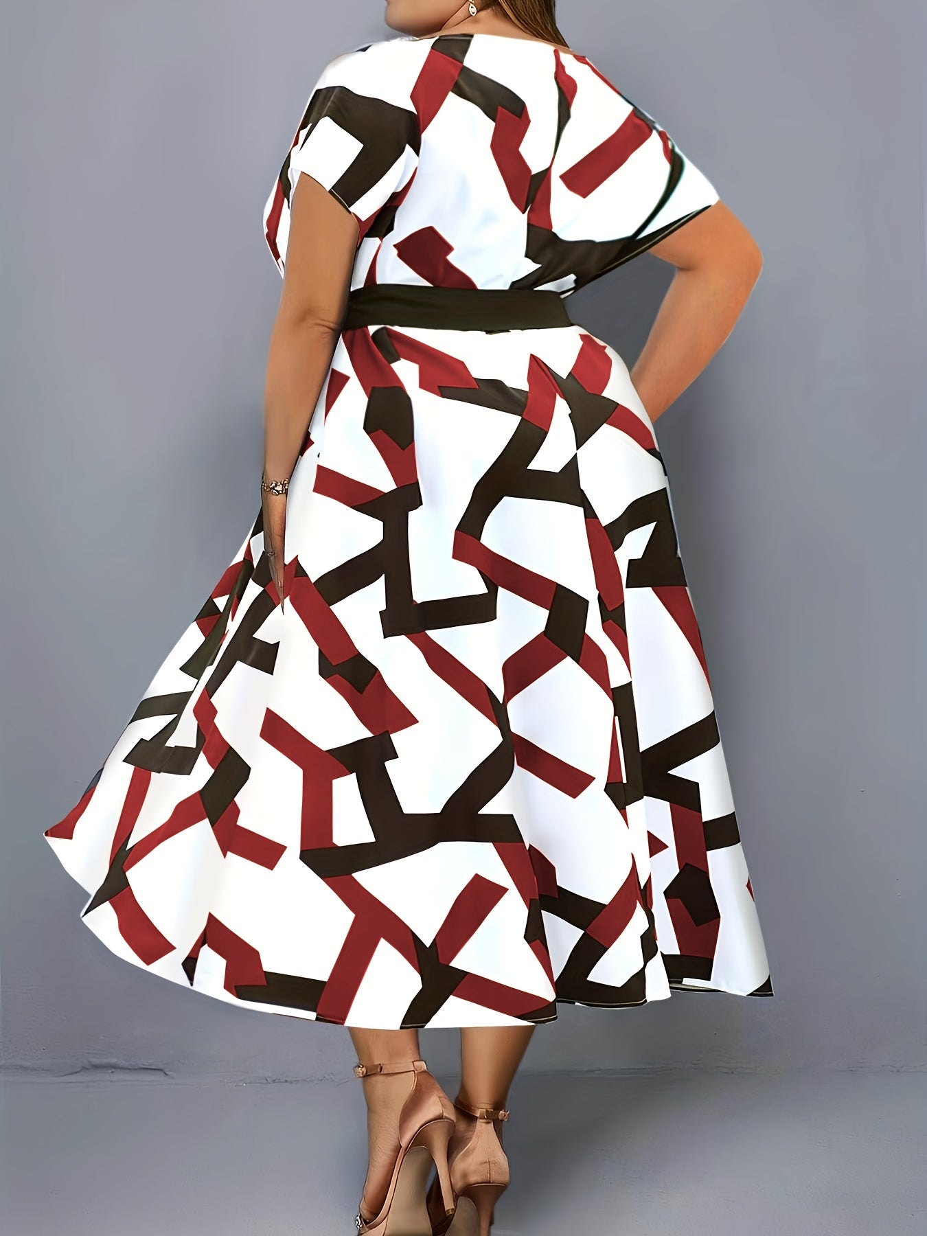 Women's Plus Geometric Print V Neck Wrap Dress With Belt